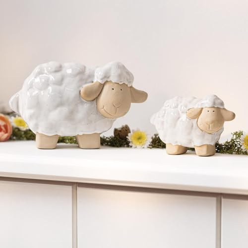 Dekoleidenschaft 2X Dekofigur Schäfchen aus Porzellan, beige/weiß, Deko Schaf & Lamm, Osterdeko, kleine Osterfiguren