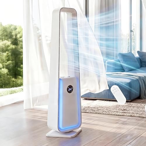 MoraRise Bladeless Tower Fan with Remote, 90cm Cooling Fan, 4-Colour LED, 3 Speeds, 12H Timer, Ultra-Quiet Oscillating Electric Floor Fan for Living Room Office Home Bedroom (White/Silver, 90cm)