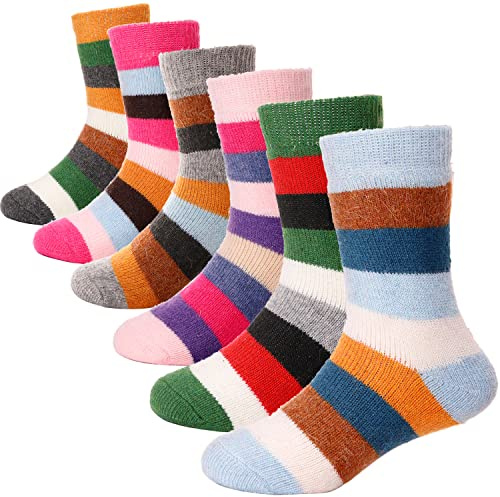 ANTSANG Kids Merino Wool Walking Socks for Toddlers Boys Girls Winter Hiking Thick Warm Heavy Thermal Cosy Crew Boot Cabin Gift Socks 6 Pairs(Striped,8-12 Y)