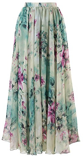 CHICWISH Women's Green Floral Printed Elastic Waist Frill Hem Slip Maxi Chiffon Skirt, Size M-L