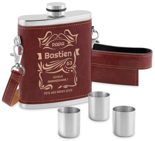 Maverton Flasque en Acier Brossé 250 ml pour lui, Pochette Personnalisée | En cuir en marron foncé, 3 x 12 ml verres à shot en acier inclus, Pour hommes, Pour anniversaire (Papa)