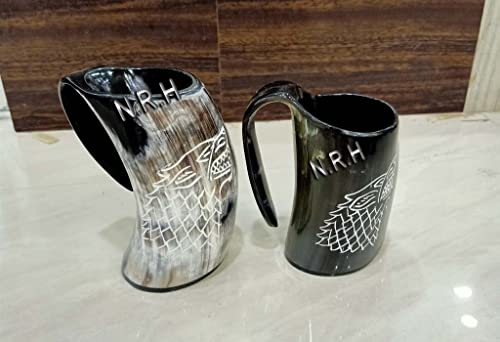 Vikings Game of Thrones Stark House Tasse en corne à boire Loup sculpté Chope pour bière, vin, hydromel et bière Stein authentique 473,6 g avec sac en toile de jute (lot de 2)