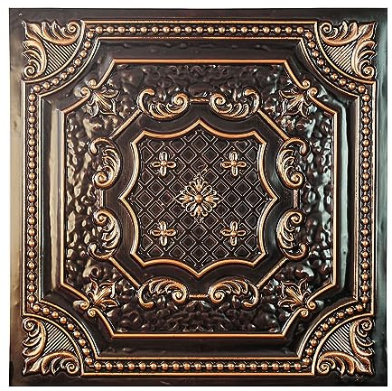 Tin Ceiling Panels,Peel and Stick Tin Ceiling Tiles Distressed,Faux Tin Glue up/Drop in, PL04,10Piece (Traditonal Copper)