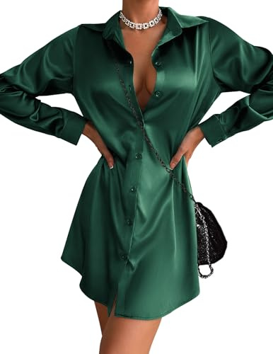 Zeagoo Women Sexy V Neck Dress Long Sleeve Satin Mini Tie Waist Short Dress Club Outfits Green,Medium