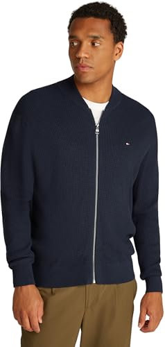 Tommy Hilfiger Herren Strickjacke Cardigan mit Reißverschluss Structure Baseball Zip Through ohne Kapuze, Blau (Desert Sky), M