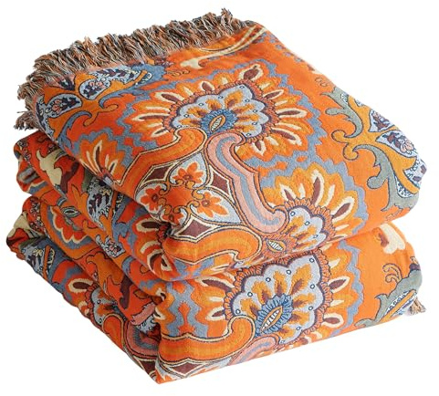 SE SOFTEXLY Coperta boho 100% cotone - copriletto boho in mussola double-face 230x250cm, coperta patchwork, accogliente coperta da divano e copriletto, arancio/blu