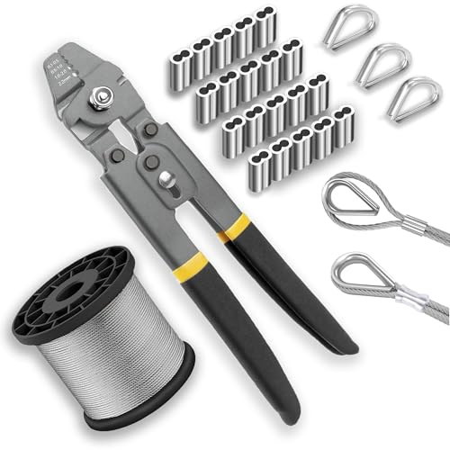 Wire Rope Crimping Tool Kit,165FT Wire Rope Kit,1/16 Stainless Steel Cable with 150PCS Aluminum Crimping Loop Sleeve, 20Pcs Wire Rope Thimble