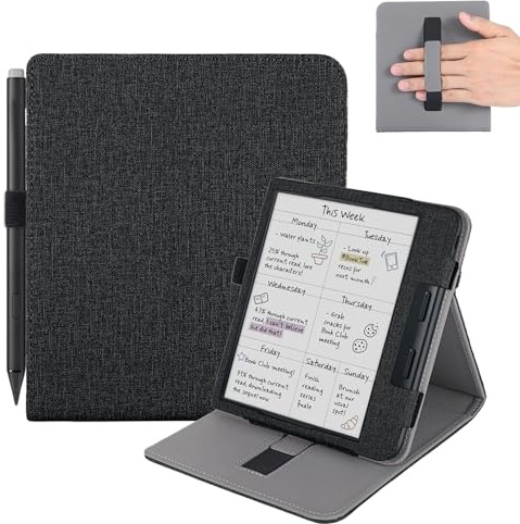 Vakarey für Kobo Libra 2/Libra Colour Hülle mit Handschlaufe,Schlafhülle für Tolino Vision 6/Tolino Vision Color Hülle mit Stifthalter,Schwarz