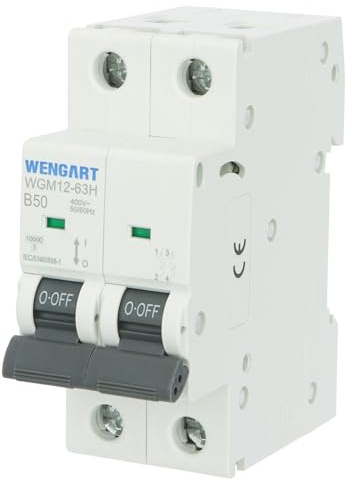 Wengart Disjoncteur Magnéto-Thermique 2P - 50A Courbe B (Haute Sensibilité) AC 230V/400V Pouvoir de Coupure 10kA Idéal pour Bornes de Recharge VE,Pompes à Chaleur et Tableaux Industriels WGM12-63H