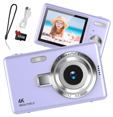 Appareil Photo numérique 1080P FHD Appareil Photo Compact 44MP avec écran LCD 2,4 Zoom numérique 16X Vlogging Appareil Photo numérique Portable avec Carte SD 32 Go pour Enfants (Violet)