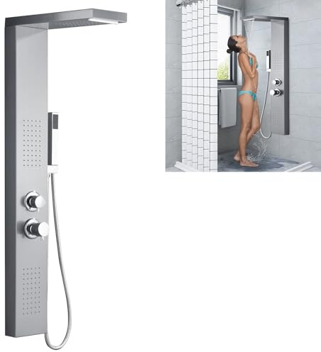LZQ Duschpanel, regndusch, duschsystem i 304 rostfritt stål, justerbar duschhuvudhöjd, 4-i-1 duschstång med termostat, duschpanelsystem