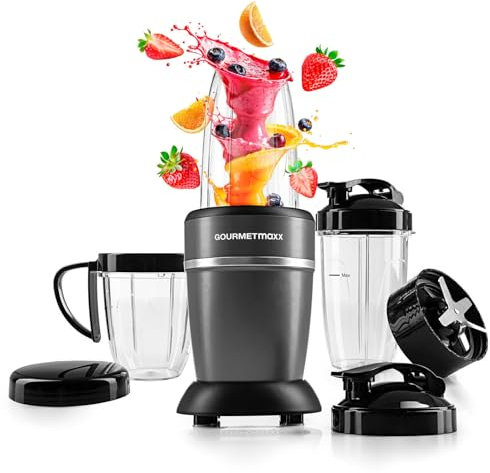 GOURMETmaxx Nutrition Mixer 1000 Watt | Smoothie Maker con coperchio to go | Frullatore con bicchiere e coperchio salvafreschezza – ideale per conservare | Frullatore con set di accessori L per