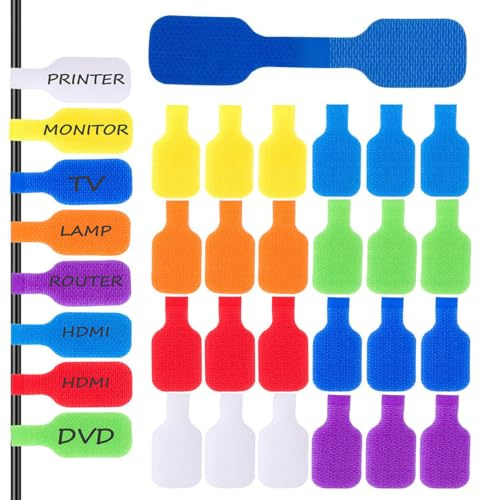 40Pcs Cable Cord Labels Large Size, Reusable Cables Ties for Organizing Wires and Identification, 8 Colors Write On Cable Cord Labels, Hook and Loop Type