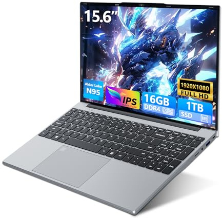 15,6 Ordenador Portátil FHD IPS con procesador Celeron N95, 16GB RAM 1TB SSD, Win 11 PC Portátil con teclado retroiluminado y reconocimiento de huellas, Laptop USB3.0, HDMI, Wi-FI5, BT4.2, 5000mAh