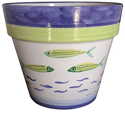 Generico Vaso da Fiori con Pesci in Ceramica di Vietri Dipinto a Mano con Sottovaso in Ceramica Blu, Fioriera Diametro 25 cm Altezza 22 cm, Cachepot Terracotta per Interno ed Esterno