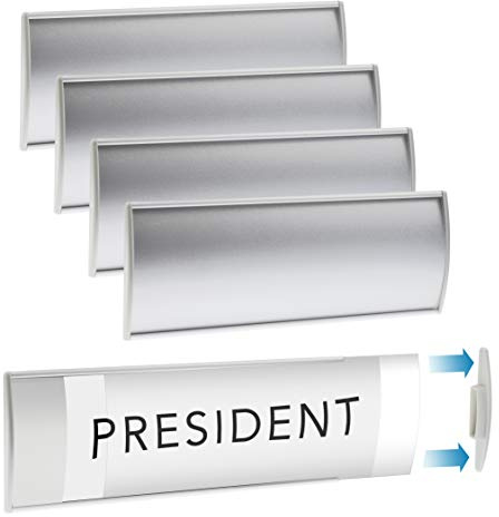 Juego de 6 – Soporte de pared de aluminio plateado resistente y elegante para placa de nombre, soporte curvado para letrero de puerta de oficina con cinta adhesiva, 8 x 3 pulgadas, película de