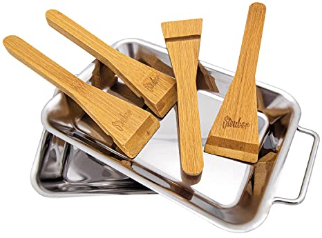 Steuber Premium Line Lot de 2 poêlons à barbecue en acier inoxydable avec 4 grattoirs en bois, 18 x 12,5 x 2 cm, remplacement pour bols en aluminium, raclette