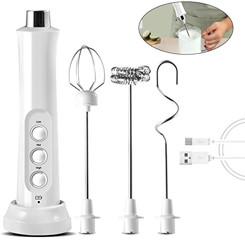 BSOMAM Montalatte elettrico, frusta a mano elettrica, velocità USB ricaricabile con 3 tipi di testine di miscelazione per latte, cappuccino, cioccolata calda