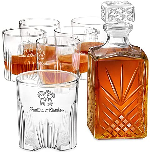 Maverton Carafe whisky et 6 verres gravés - Ensemble en cristal - Cadeau d’anniversaire pour parents - Whisky set avec personnalisation pour couple - Couple