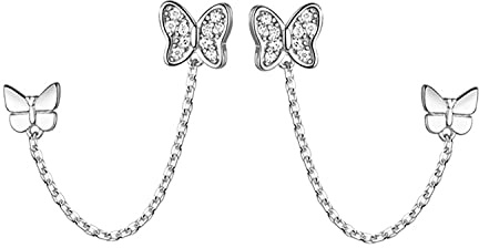Reffeer Solid 925 Sterling Silver Double Holes CZ Butterfly Chain Stud Earrings Two Butterfly Cuff Climber Earrings for Women Earrings
