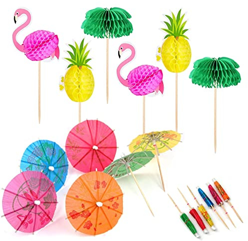 OMIGA Shirmchen Cocktail 70 Stücke Cocktailschirmchen Party Dekorationen | Cocktailspieße Deko Spieße 3D Flamingo Ananas Papier Palme Geeignet für Spieße Fingerfood Geburtstagsbars Getränke Usw