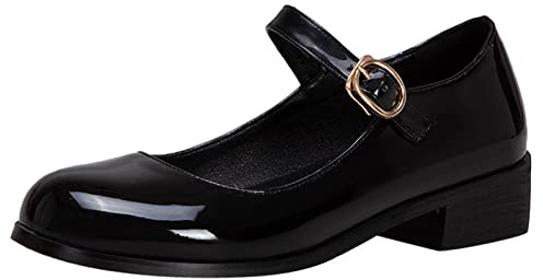 Lizoleor Mujer Correa De Tobillo Mary Jane Punta Redonda Clásica Charol Block Tacón Medio Pump Mujer Escuela Hebilla Casual Prom Zapatos Negro Talla 44 EU/46Cn