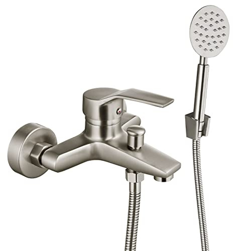 Aolemi Wall Mount Bathtub Faucet with Handheld Sprayer Wall Mounted Tub Filler with Diverter Single Handle,Brushed Nickel