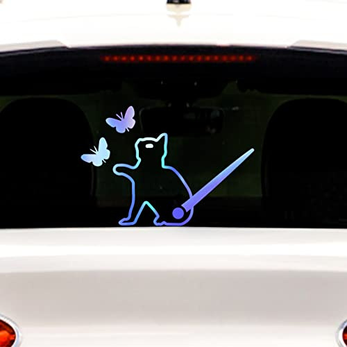 Iprokiu Lovely Cat and Butterfly Animal Car Sticker Funny Cat Moving Tail Waving Wiper Sticker Rear Window Wiper Decal Windshield Wiper Sticker Vinyl Decal for Car Truck Laptop Wall (Rainbow Blue)