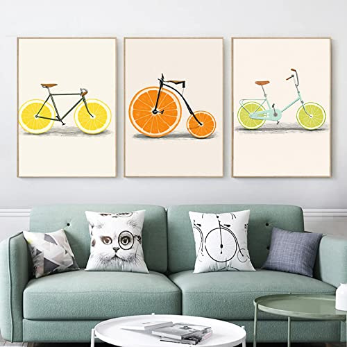 GVOZI Canvas Home Decoration Moderne Zitrone Orange Obst Fahrrad Druck Leinwand Malerei Küche Dekor Nordic Poster Minimalistische Wandkunst Bilder Wanddekoration 60x90cm