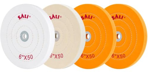 SALI 4er Pack Polierscheiben Set für Bohrmaschine & Polierbock 150mm Schwabbelscheiben mit Polierpaste Kit Für Metalle & Holz Gelbe, Weiße Baumwolle & 50-lagige Baumwolle Polierscheiben