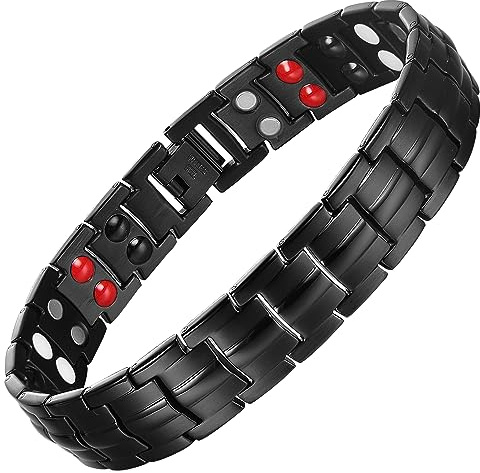 MagEnergy Titanium Steel Magnetic Bracelets for Men,4 Element Double Row Ultra Strength Magnets Wristband Magnetic Brazaletes with Adjustable Links Removal Tool & Jewelry Gift Box (Black)
