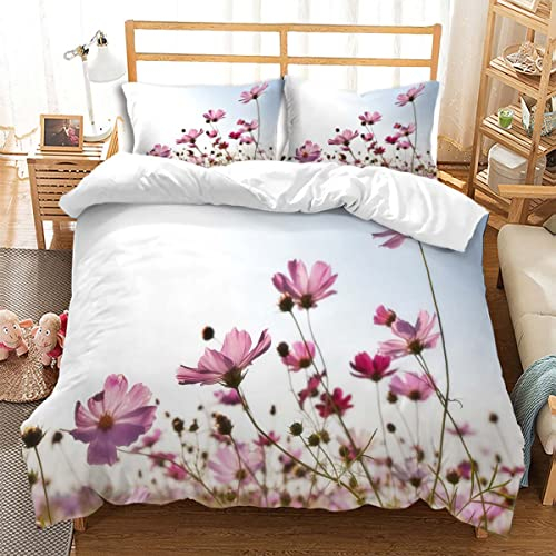 huitutu Rosa geblümte Bettwäsche-Set 200x220cm Jungen Mädchen übergroße Bettwäsche rosa floralen Runde Pod-Muster weiß Mikrofaser Bettbezug und 2 Kissenbezüge 80x80cm