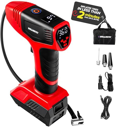Bullseye Pro Car Tyre Inflator Air Compressor Portable 150 PSI Car Tyre Pump with Gauge Display Screen & Built in LED Lights, Rechargeable Digital Tyre Inflator/Electric Tyre Pumps for Cars/Bikes