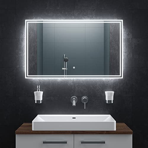 BR Bringer LED Badspiegel - 100x60 cm - Badezimmerspiegel mit Beleuchtung und Anti-Beschlag Funktion - Dimmbar, Energiesparend, 3 Lichtfarben, Touch-Schalter und Speicherfunktion (Modell: BRS107)