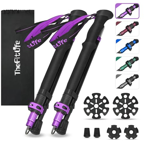 TheFitLife Collapsible Trekking Poles for Hiking – Lightweight Folding Walking Sticks for Men and Women with Extra-Long Foam Handle and Metal Flip Lock (Purle, 100-120cm for 4'11''-5'7'' Height)