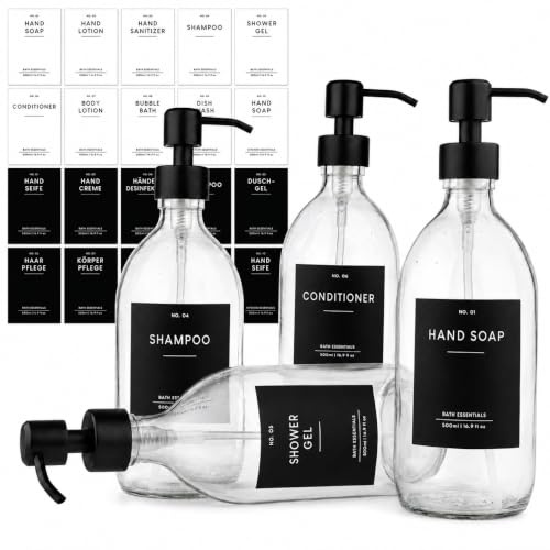 MONOKO 4er Set Seifenspender Glas - Spülmittelspender Küche - Shampoo Flaschen zum Befüllen - Duschgel Spender 500ml Transparent + Edelstahl Pumpkopf