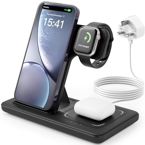 Wireless Charger, 3 in 1 Charging Station, 15W Qi Fast Foldable Magnetic Stand Dock for iPhone 15 14 13 12 11 Pro Max XS XR X 8 Plus, Apple Watch 9 8 7 6 5 4 3 2 SE, AirPods 3 2 Pro(With Adapter)