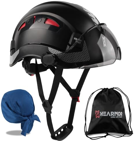 HEARMOR Casco protettivo da cantiere con visiera, EN 397, casco da lavoro ventilato per adulti, sistema a cricchetto regolabile, visiera fumo, nero