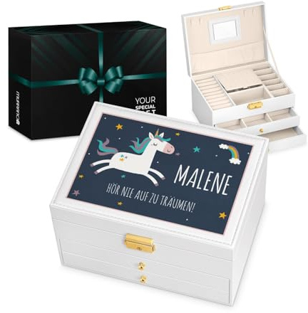 Maverton 3-stöckiges Schmuckkästchen mit Aufdruck - abschließbare Schmuckschatulle mit Spiegel & 2 Schubladen - funktionale Schmuckbox für Mädchen zur Geburt Taufe Erstkommunion - Weiß - Einhorn