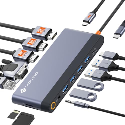 NOVOO USB C Quad Display Docking Station 14 in 1 Dual Monitor Laptop Multiport Adapter DP 8K@30Hz Dual HDMI 4K@60Hz VGA 5 USB 3.1 PD 100W Ethernet SD/TF Mic/Audio