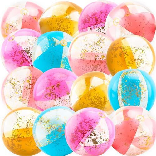 Feradny 16 Pack 16 Inch Inflatable Glitter Beach Ball Blow Up Clear Beach Ball Confetti Beach Sand Balls for Kids Summer Beach Pool Toys Hawaii Theme Party Favors (Rose Gold,Pink,Gold,Blue)…