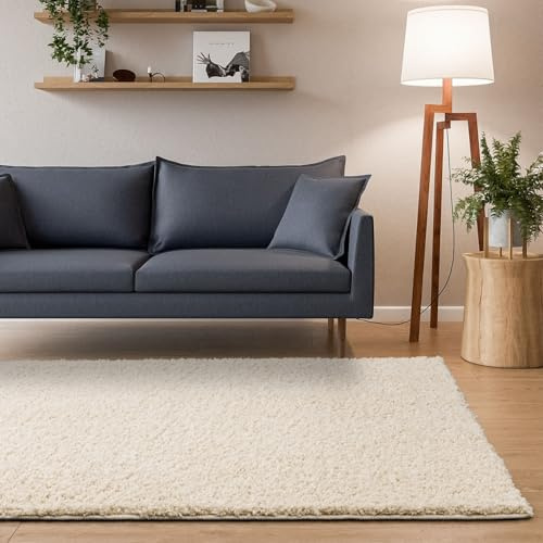 Interiyou Hochflor Teppich Sofia - 133x190 cm Creme - flauschig und einfarbig - waschbar und rutschfest - weicher Langflor