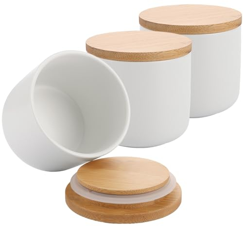MEIDIV Juego de 3 recipientes de cerámica blanca, recipientes de té, café y azúcar, almacenamiento de cocina con tapa de bambú (260 ml)