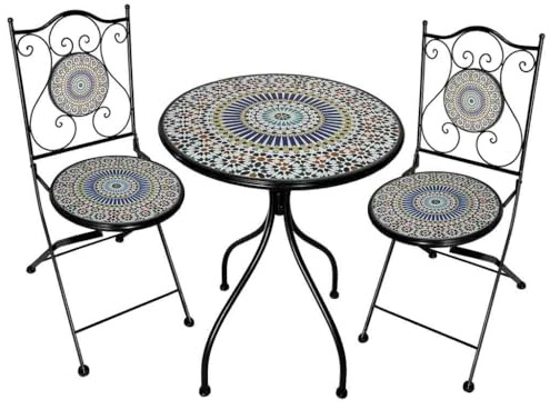 WANDERLUST DECO Conjunto de Jardín Mesa y 2 Sillas de Mosaico Naranja y Forja Negra, Set Bistró para Terraza o Exterior, Mesa Ø60 cm con Sillas Decorativas, Mobiliario Exterior Elegante