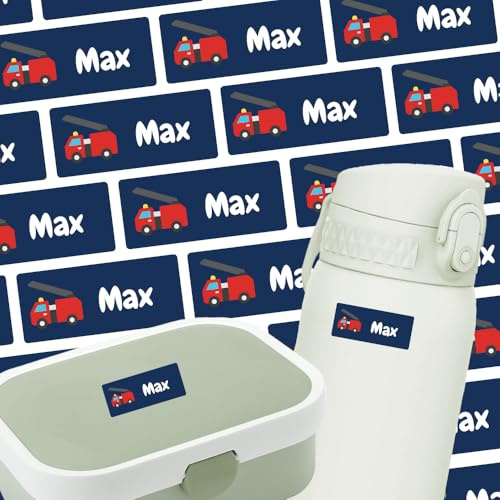 Namensschilder für Brotdose, Trinkflasche & Mehr (35 Aufkleber) – Spülmaschinenfeste Namensetiketten mit Feuerwehr Motiv – Personalisierte Sticker mit Motiv – Waschfest – 30 x 13 mm