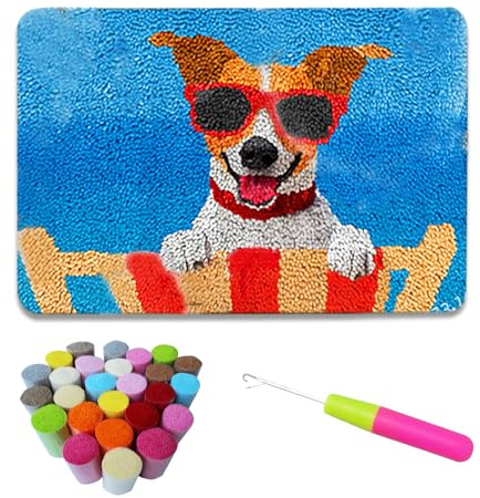 hifrom Knüpfteppich Zum Selber Knüpfen Set, 50x38cm DIY Knüpfhaken Teppich Set Knüpfsets Latch Hook Kit Kreuzstich Set für DIY Handwerk Geschenke Fußabtreter Hauptdekoration (Hund)