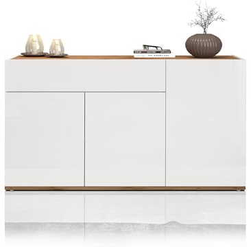 WHOUS Credenza e Buffet GARDA per Soggiorno con 1 Cassetto e 3 Ante, Madia per Salotto, Cucina e Sala da Pranzo in Legno, 120,1x35x70 cm, Bianco Lucido e Rovere