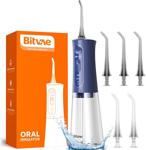 Bitvae - Pulitore elettrico senza fili, 3 modalità e 5 intensità, vincitore del test per irrigatore orale con 6 punte per getto, doccia dentale portatile per rimuove i residui di cibo e pulisce i, Blu