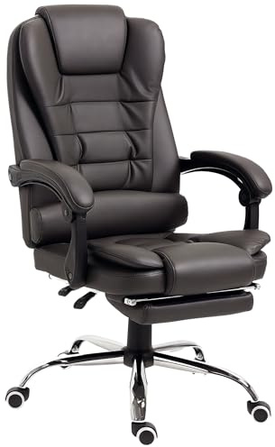 HOMCOM Silla de Oficina Reclinable con Reposapiés Altura Ajustable Café | Silla de EscritorioGiratoria, Tapizada en PU, con Reposabrazos, para Estudio