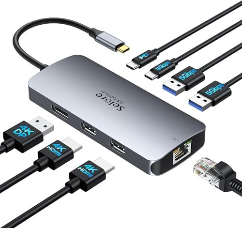 Estación de acoplamiento USB C Dual Monitor, 8 en 1 para ordenador portátil, estación de acoplamiento triple con pantalla 4K con 2 HDMI, DisplayPort, 1 Gbps Ethernet, 100 W PD Charging, USB 3.0